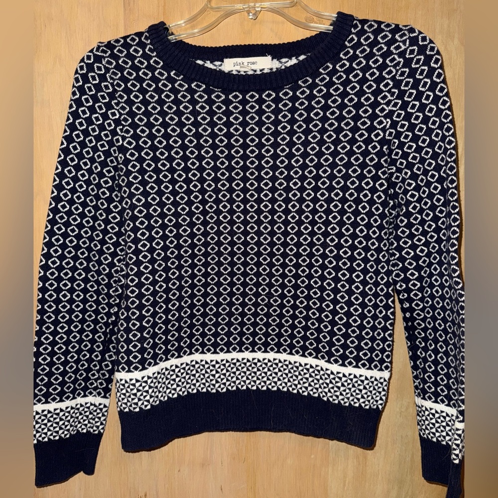 100% Cotton Pink Rose Navy and White Patterned Sweater